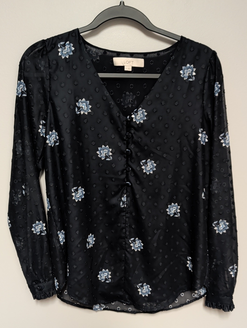 LOFT Navy Blue Blouse with Light Blue Floral Print